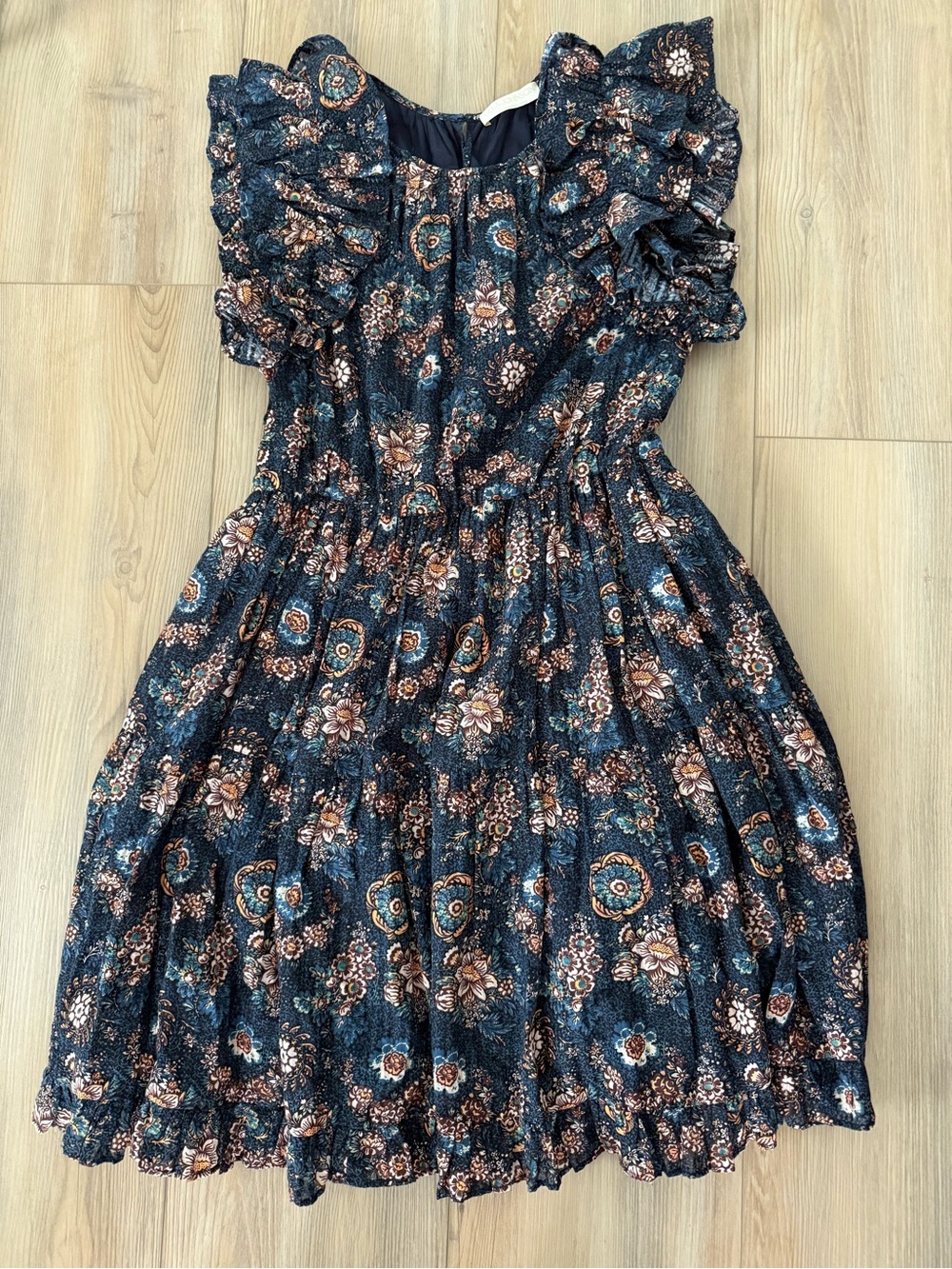Ulla Johnson Navy Floral Ruffle-Sleeve Midi Dress